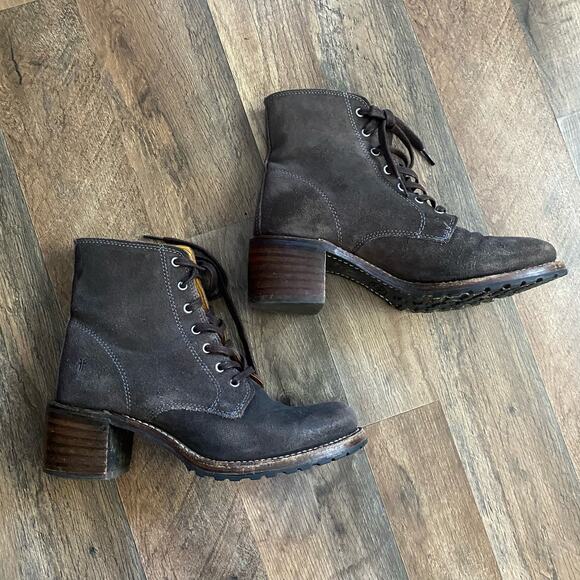 Frye Boots Sabrina Charcoal Suede Lace Up Block Heel Heeled Combat Bootie - Picture 3 of 11